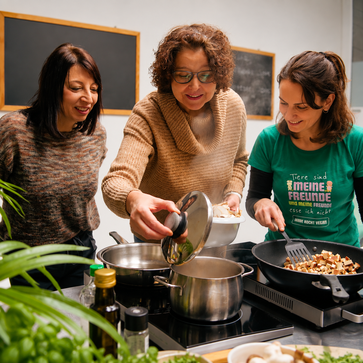 Gemeinsames Kochen bei einem veganen Kochworkshop